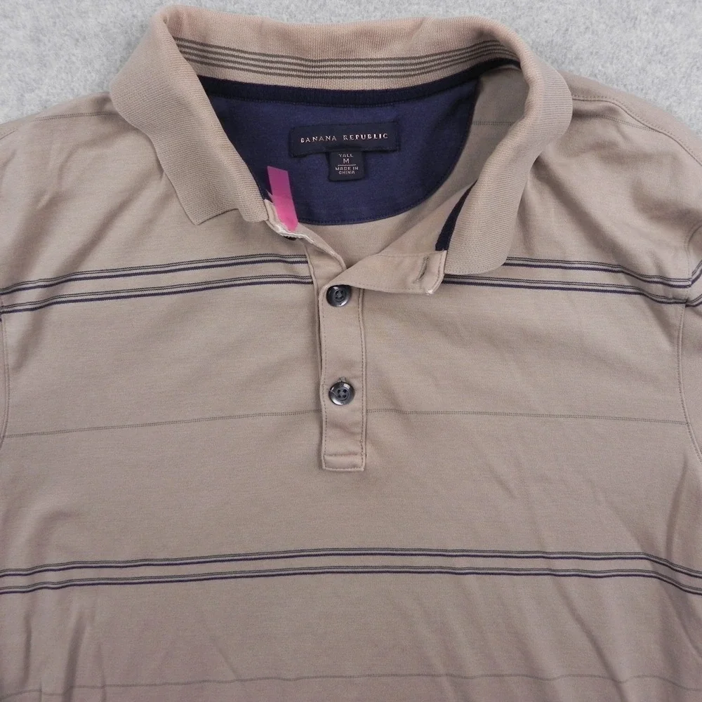 Banana Republic Polo Shirt Mens MT Medium Tall Casual Tan Striped Short Sleeve